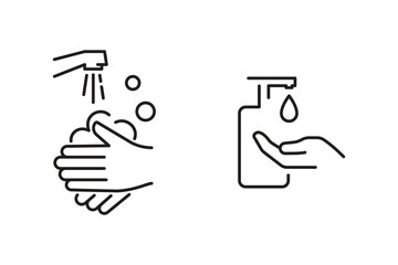 A set of linear icons for washing hands under the tap and using liquid detergent in a bottle.