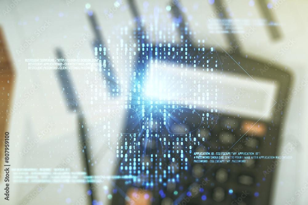 Poster Double exposure of abstract virtual creative code skull hologram on blurry calculator background. Malware and cyber crime concept
