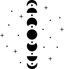 Trendy Vertical Black Moon Phase Graphic, Mystical Bohemian Home Decoration. Geometric Lunar Eclipse with Stars Logo. Contemporary Cosmic Decor for Modern Spaces. Mystical Celestial Wall Decor.