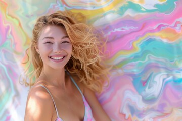 a beaming Causasian lady in a swimsuit showcases her cheerful disposition, her glamorous locks and infectious smile brightening the pastel rainbow scene.