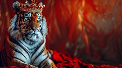A closeup half body of a charismatic endangered tiger wearing a kings crown