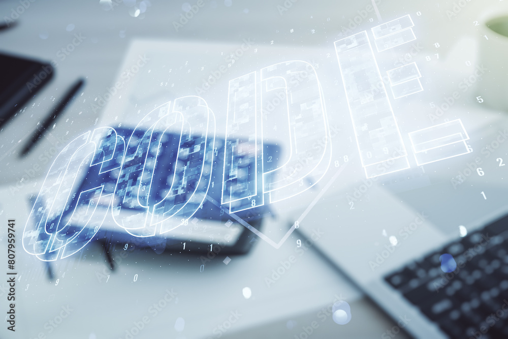 Poster code word hologram on blurry calculator and computer background, international software development 