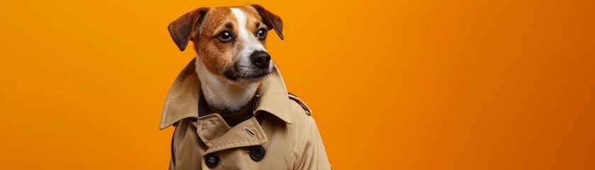 A closeup half body of a charismatic domesticated dog dressed in a detectives trench coat
