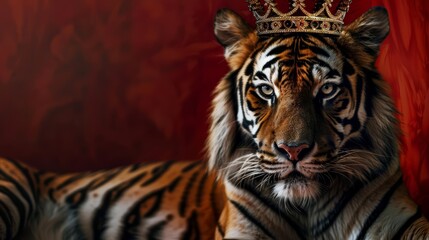 A closeup half body of a charismatic endangered tiger wearing a kings crown