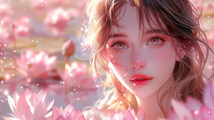 spring theme, charming girl, spring landscape, healthy hair, invitation to visit beauty salons