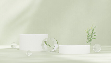 3D render of abstract pedestal podium display with leaves product for advertising in landscape