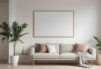 Distressed, industrial-style poster frame hung in the corner of a loft-like living room with exposed for mockups