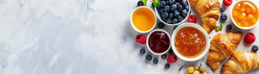 A continental breakfast spread including croissants, jams, and fruits arranged elegantly, with solid background and copy space on center for advertise