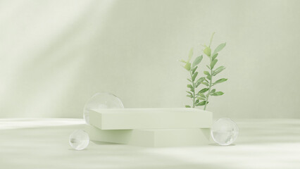 3D render of abstract pedestal podium display with leaves product for advertising in landscape