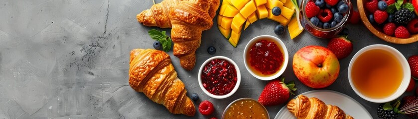 A continental breakfast spread including croissants, jams, and fruits arranged elegantly, with...