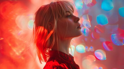 Portrait of beautiful blonde girl standing in red clothes against colorful background