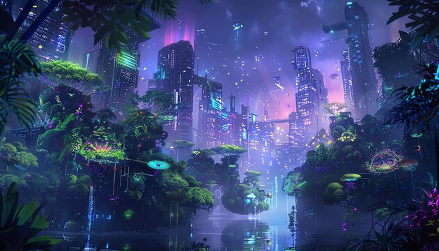 Capture a futuristic cityscape engulfed in soft