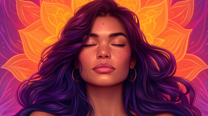 A bright picture depicting the serene face of a woman in an unearthly mood. Beauty salon concept