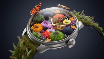 futuristic biological watch concept, where the timepiece is intricately designed with various species of insects and plants.