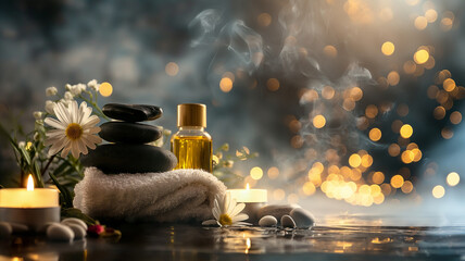 Spa foggy background. Towels, candles, chamomile, massage stones, olive oil and herbal balls. Spa Massage, oriental therapy, wellbeing and meditation concept. - Powered by Adobe