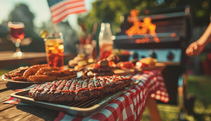 A man is cooking hamburgers on a grill in front of a large American flag