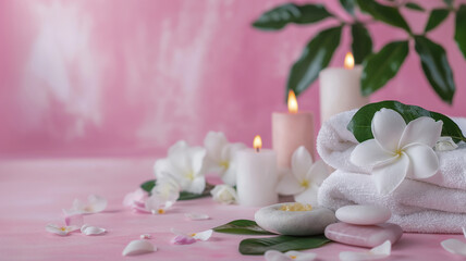 Spa foggy background. Towels, candles, chamomile, massage stones, olive oil and herbal balls. Spa Massage, oriental therapy, wellbeing and meditation concept.