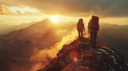 Fototapeta premium Cinematic shot of two hikers with backpacks reaching the summit, standing on top of mountain peak at sunset, epic landscape