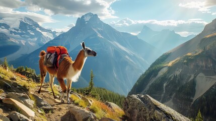 Obraz premium A llama in hiking gear treks a mountain trail, a durable banner showcasing nature s splendor overhead