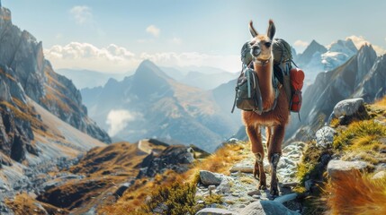 Obraz premium A llama in hiking gear treks a mountain trail, a durable banner showcasing nature s splendor overhead