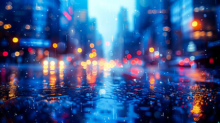 Rain-drenched city streets gleaming with reflections of urban lights at night. - Generative AI