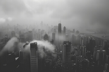 Urban Skyline Obscured by Thick Smog and Fog in Monochrome
