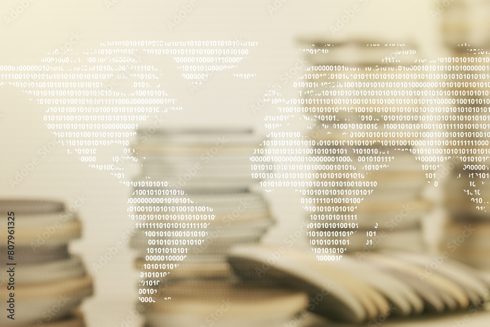 Aufkleber double exposure of abstract digital world map hologram on growing coins stacks background, big data 