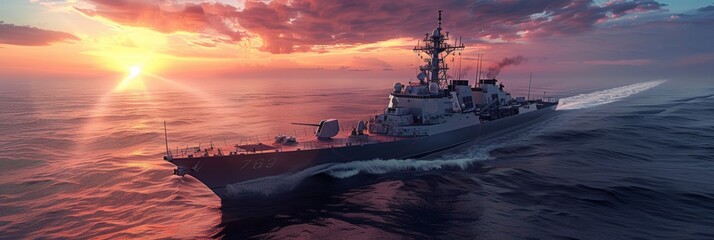 A large navy ship sailing through the ocean at sunset, AI