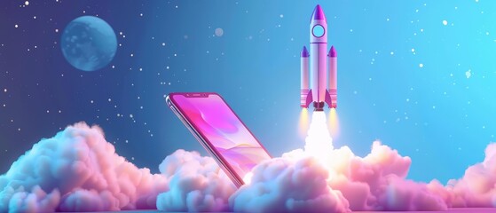 Fototapeta premium A rocket launches with clouds from a smartphone, depicted in the futuristic business research banner, Sharpen banner template with copy space on center