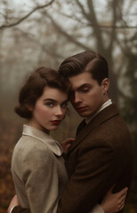 Fototapeta premium 1940s young lovers embracing in the woods. Young historical couple embracing in love. Retro vintage historical concept. In the bokeh moody woods background. Elegantly dressed. 
