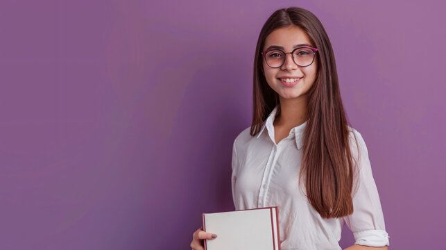 Close up view of a beautiful little girl with long straight hair, wearing a lovely white shirt, fuchsia skirt and stylish eyeglasses, holding a book, smiling and standing against purple background