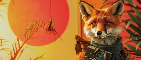 A stylish fox wearing a vintage camera over its neck poses beside an artistic banner, capturing the essence of creativity