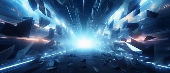 Virtual reality backdrop featuring a tunnel of dynamic polygons creating an immersive experience of traveling through a digital dimension at high speed.