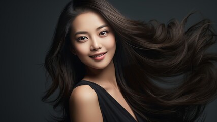 Naklejka premium Beauty portrait of smiling young Asian woman carefree confident hair studio shot