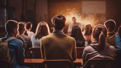 Realystic shot of Back view of Young students in classroom with teacher