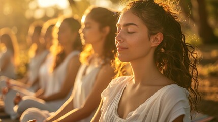 A group of women meditating in nature beach, wearing sport yoga attire and closed eyes as they practice relaxation techniques during the golden hour with soft sunlight filtering through trees