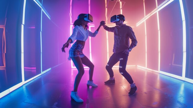 Realystic photo of Young couple dancing with vr in hall