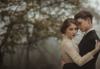 Fototapeta premium Elegant attire. Black suit for man and white dress for woman. Young historical couple embracing in love. Retro vintage historical concept. In the bokeh moody woods background. Elegantly dressed. 
