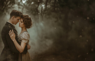 Handsome young WWII soldier and woman in white dress. Young historical couple embracing in love. Retro vintage historical concept. In the bokeh moody woods background. Elegantly dressed. 