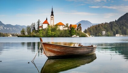 weathered wooden rowboat left adrift on a calm lake, framed by a small island adorned with a...