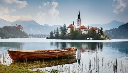 weathered wooden rowboat left adrift on a calm lake, framed by a small island adorned with a...