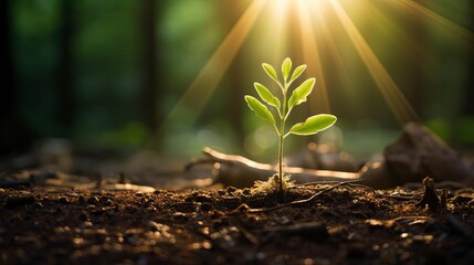 Sunbeams piercing through a lush forest to illuminate a single sprout symbolizing enlightenment and the way forward with sustainable green technologies.
