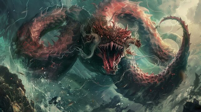 A giant sea serpent with red scales and a gaping mouth filled with sharp teeth emerges from the depths of the ocean.