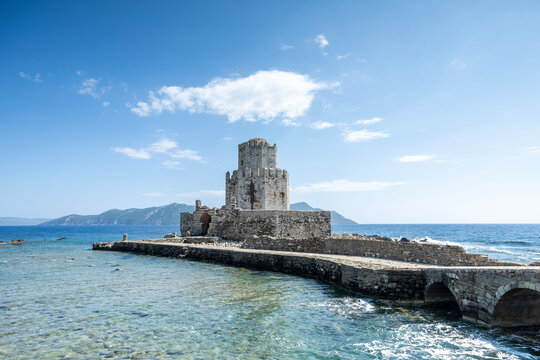 methoni castle in greece with blue clear sea