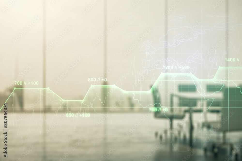 Poster multi exposure of abstract virtual graphic data spreadsheet sketch on a modern furnished classroom b