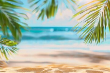 Obraz premium Holiday summer concept. Beach with sand and palm leaves in blur. generative ai.