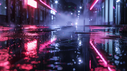 Midnight black neon contours in a deserted street scene, reflections on wet asphalt, misty night.