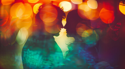 Blurry bokeh background of two people in love, outoffocus lights and colors, soft focus, depth of field, colorful, dreamy. 