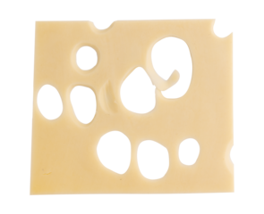 cheese slice isolated, piece of sliced maasdam or swiss cheese laid out to create layout