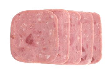 slices of pork ham sausage isolated, top view